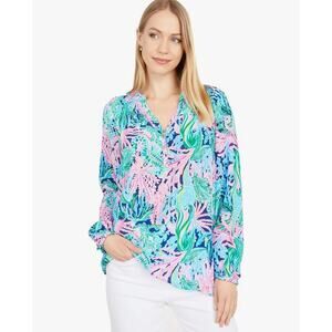 Lilly Pulitzer Elsa Top Silk L Pink Blue Tropical Seahorse Print Coastal Preppy